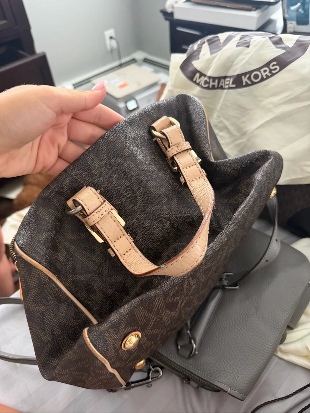 Michael Kors Dark Brown MK Logo Satchel with Tan Trim